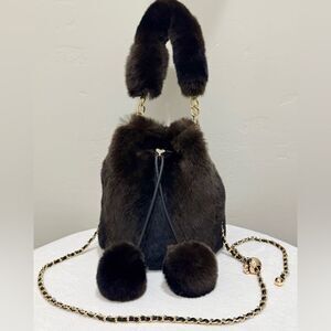 Chocolate Handmade Genuine Rex Rabbit Fur & Drawstring Bucket Bag/Crossbody